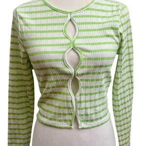 Topshop Ribbed Long Sleeve Cut Out Top Small Green Stripes Stretchy NWOT